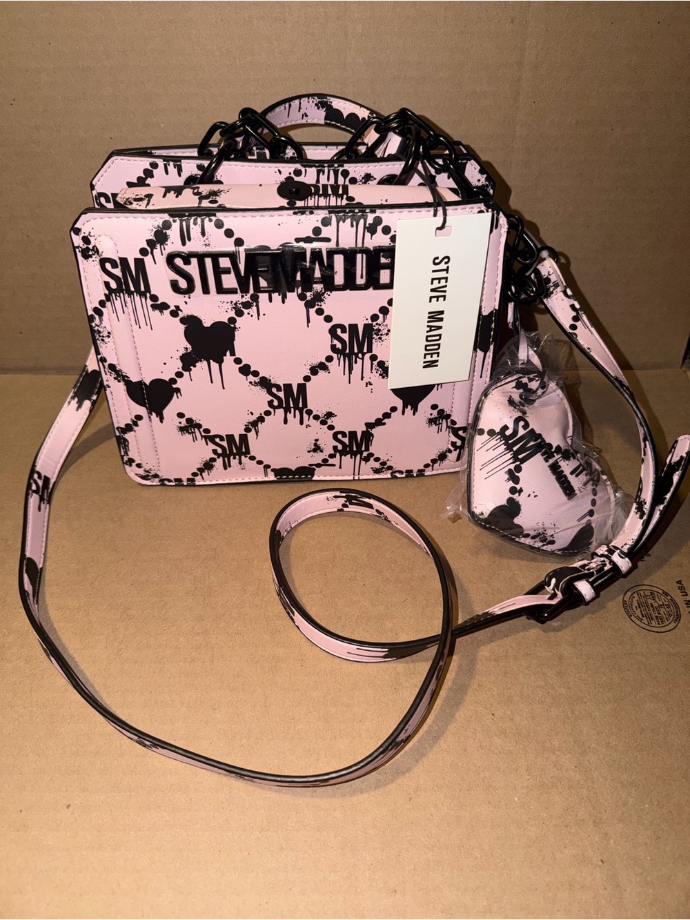 Steve Madden Bevelyn Hearts Satchel Lilac Pink Drip Heart Graffiti Halloween Bag